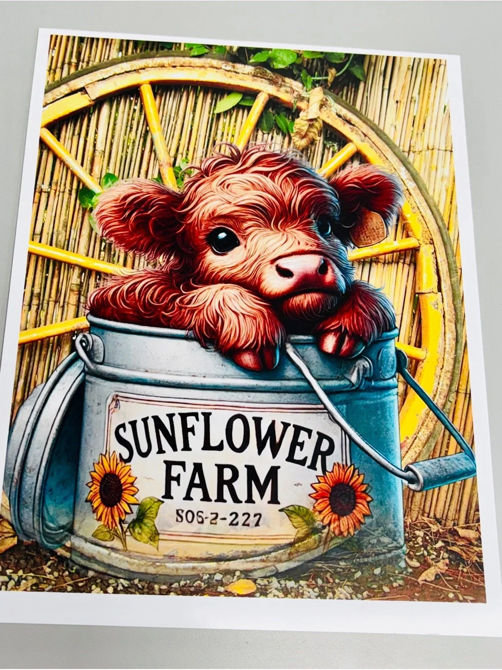Sunflower Farm Rustic Cow Art Print - Brown and Blue